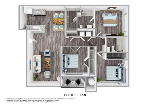 Floor plan for 3 beds, 2 baths, 1156 sqft
